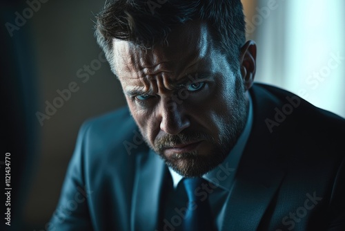 A male candidate looking down with a displeased expression during a job interview, showing signs of failure and frustration. The room is well-lit with minimal furniture.