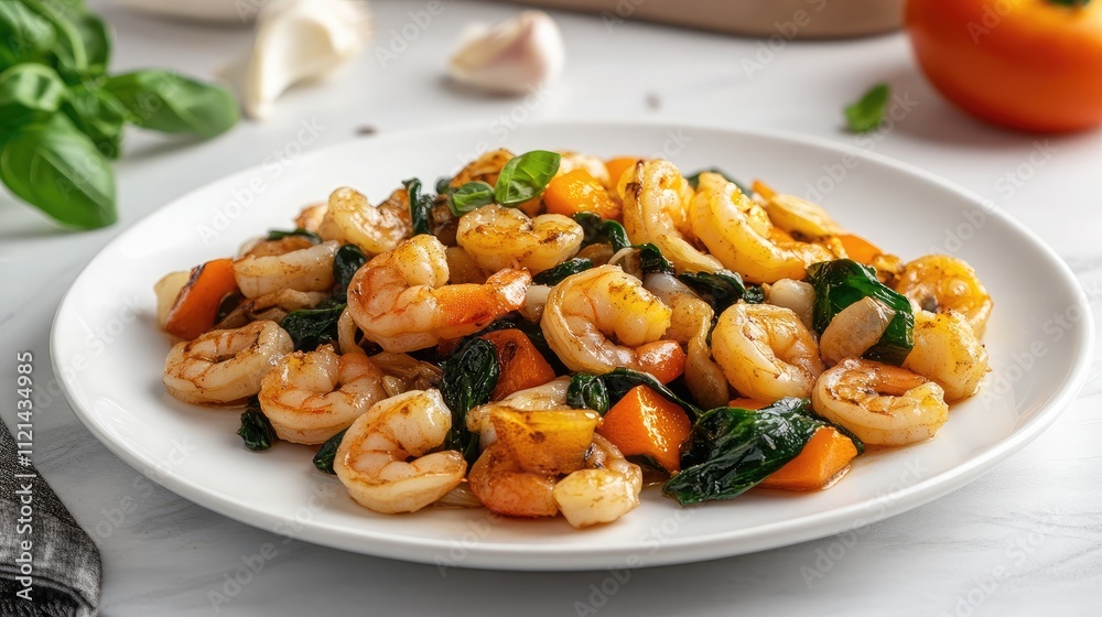 Delicious Shrimp Stir-Fry with Fresh Spinach and Colorful Bell Peppers Served on White Plate, Perfect for Healthy Meal Inspiration and Culinary Creations Delicious Shrimp Stir-Fry with Fresh Spinach and Colorful Bell Peppers Served on White Plate, Perfect for Healthy Meal Inspiration and Culinary Creations