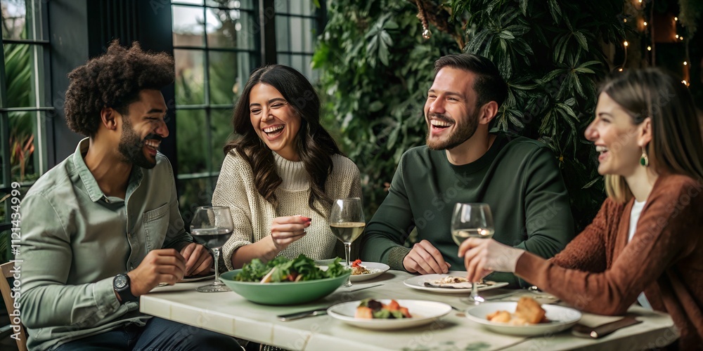 Friends enjoying a lively dinner gathering at a stylish restaurant surrounded by greenery