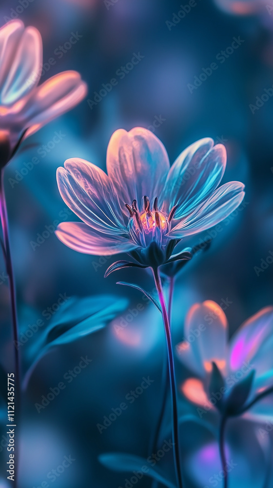 Fototapeta premium Phone wallpaper: beautiful flower in the garden, macro photography, neon lights, glowing flowers, light blue and purple tones