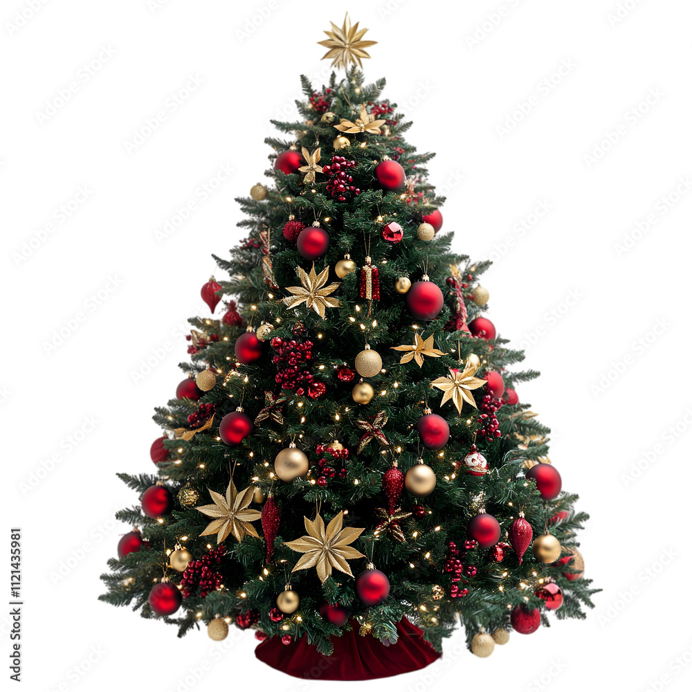 A decorated Christmas tree with red and gold ornaments, isolated on transparent background A decorated Christmas tree with red and gold ornaments, isolated on transparent background