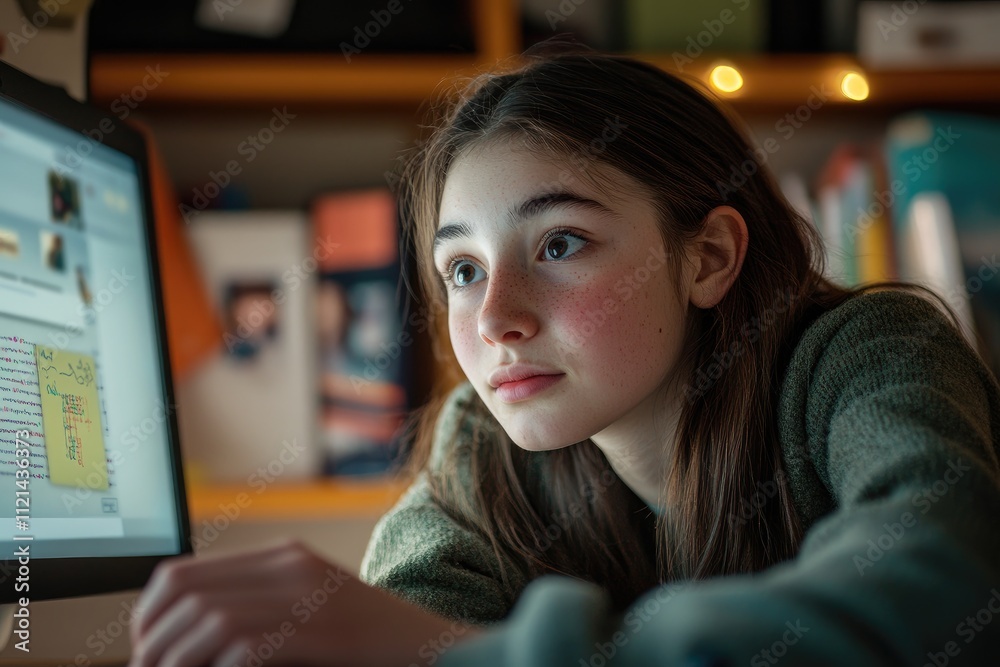 A high school student watches an e-learning video on coding tutorials while sitting at a desk with a focused expression. A high school student watches an e-learning video on coding tutorials while sitting at a desk with a focused expression.