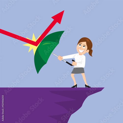 Cartoon business woman umbrella protect arrow fall Vector Illustration.