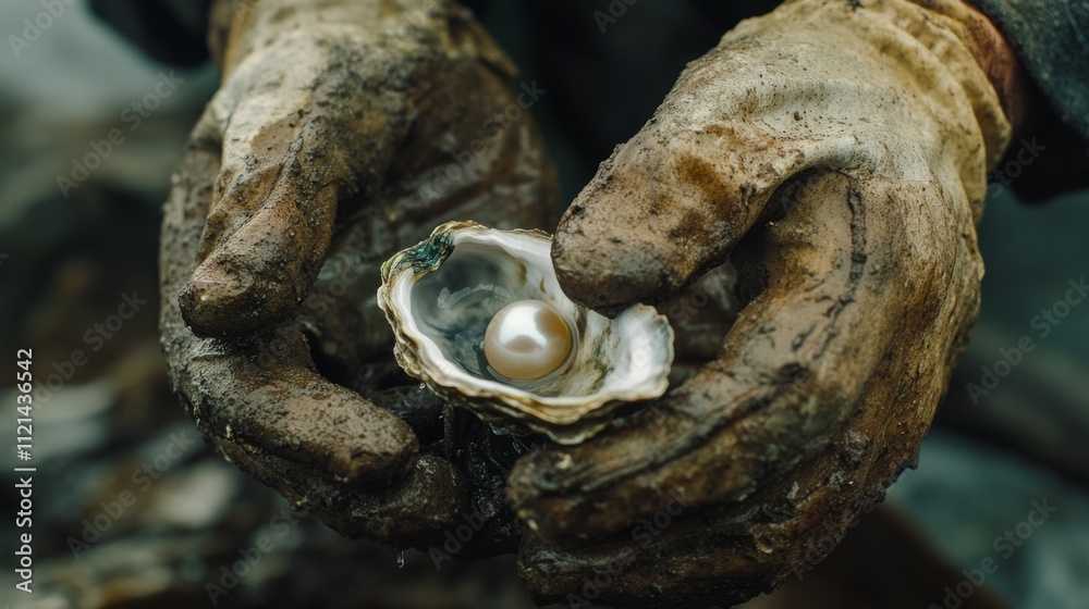 Weathered hands cradle an opened oyster with a gleaming pearl, symbolizing the blend of labor and the beauty of nature found by the shores of life. Weathered hands cradle an opened oyster with a gleaming pearl, symbolizing the blend of labor and the beauty of nature found by the shores of life.