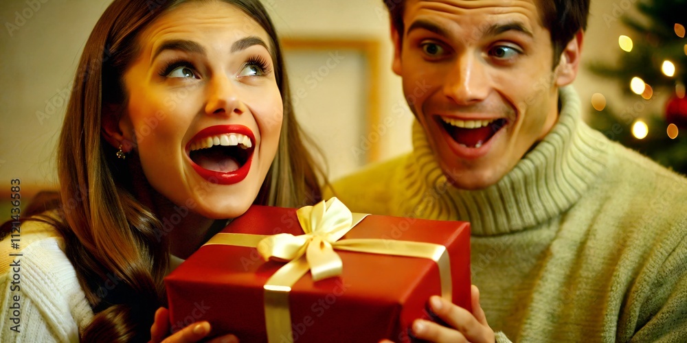 Couple joyfully unwrapping a gift together during a festive celebration at home Couple joyfully unwrapping a gift together during a festive celebration at home