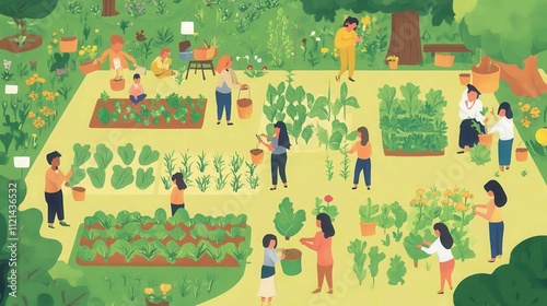 a bustling community garden with diverse people planting vegetables and flowers, fostering sustainability and connection.