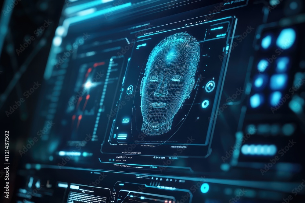 Obraz premium A futuristic AI chatbot interface displayed on a computer screen with a digital assistant offering assistance, in a sleek, modern design with blue and white color tones.