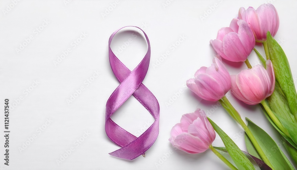 Fototapeta premium Celebrate International Women’s Day on 8 March with a Spring Inspired Design Featuring a Purple Awareness Ribbon and Pink Tulips on White Background. Perfect for Events, Campaigns, and Social Media