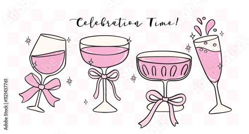 Coquette Retro Pink Champagne and flute Glasses popping Celebration Pink and Mint Hand Drawn Doodle