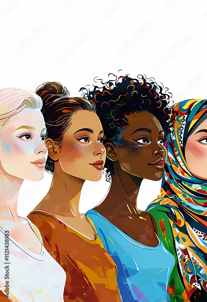 Obraz premium Women of different nationalities and skin colors together. The concept of women's unity in the fight for their rights against discrimination. Poster for Women's Solidarity Day.