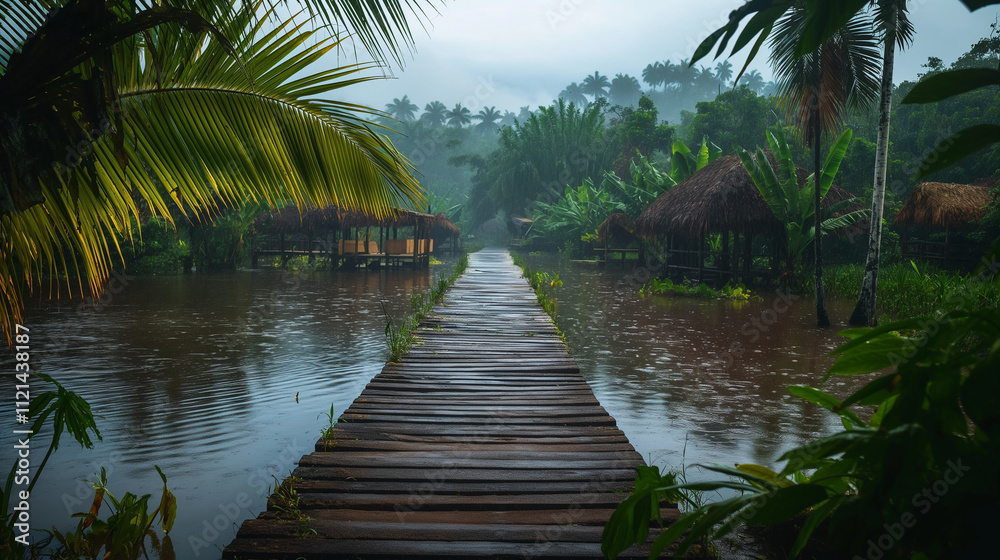 Obraz premium Wooden walkway through a flooded Amazonian rainforest with thatched huts.
