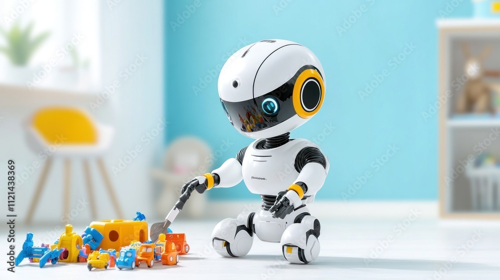 A playful robot interacting with colorful toys on a bright floor.