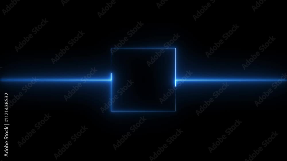 Abstract black background, blue color neon box with glowing neon lines on black background. Glowing Neon light frame rectangle loading icon background in 4k video animation.