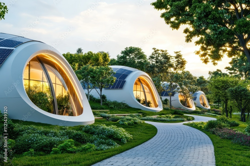 Futuristic eco-friendly homes with rounded designs nestled in lush greenery and natural surroundings. Futuristic eco-friendly homes with rounded designs nestled in lush greenery and natural surroundings.