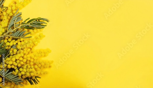 Bright and Cheerful Mimosa Flowers on a Radiant Yellow Background. Ideal for 8 March Spring Celebrations, Women's Day Greeting Cards, Festive Invitations, Inspirational Messages, Creative Advertising