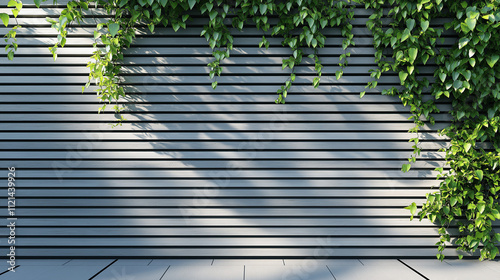 Wall clad with gray larch battens and overgrown with ivy