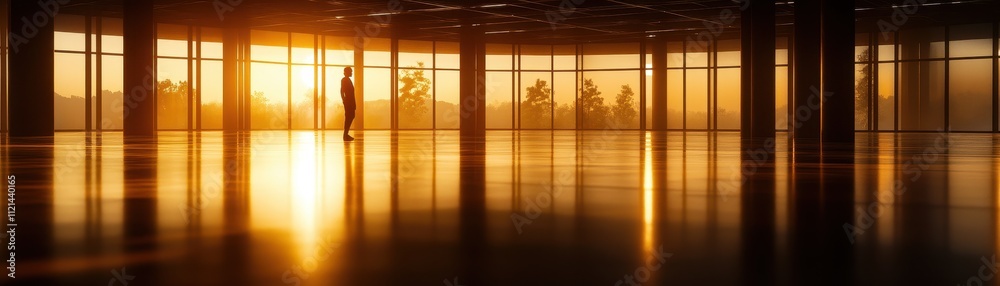Silhouette of a Person in a Modern Glass Building at Sunset