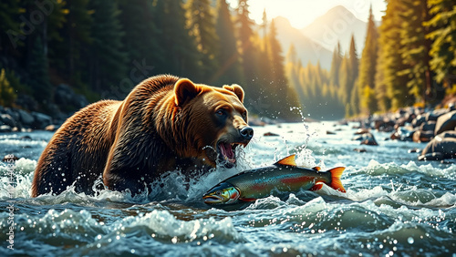 Grizzly Bear Catching Salmon In A Rushing River
