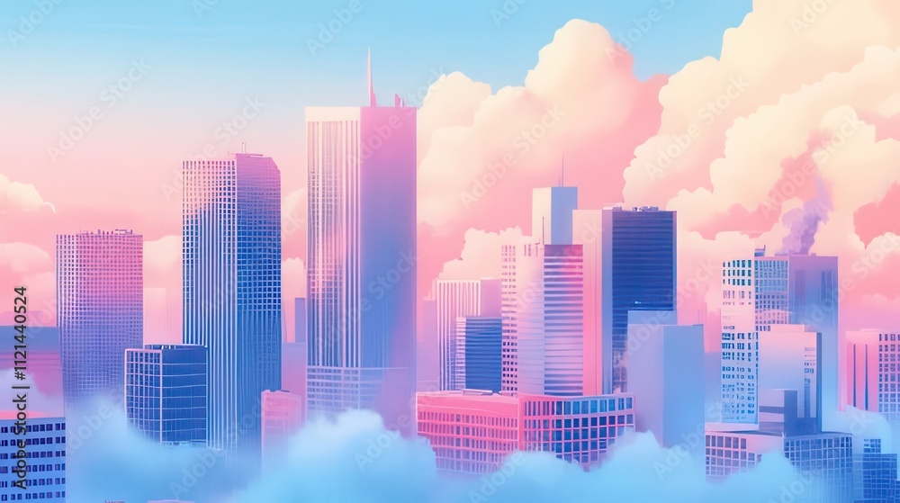 Pastel city skyline above clouds at sunrise. Pastel city skyline above clouds at sunrise.