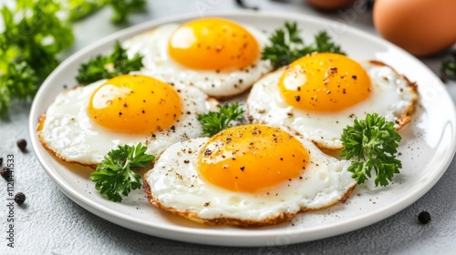 Freshly Cooked Eggs on Plate with Parsley and Black Pepper