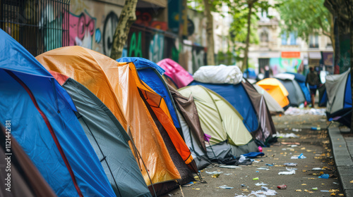 A row of tents are lined up on a sidewalk photo