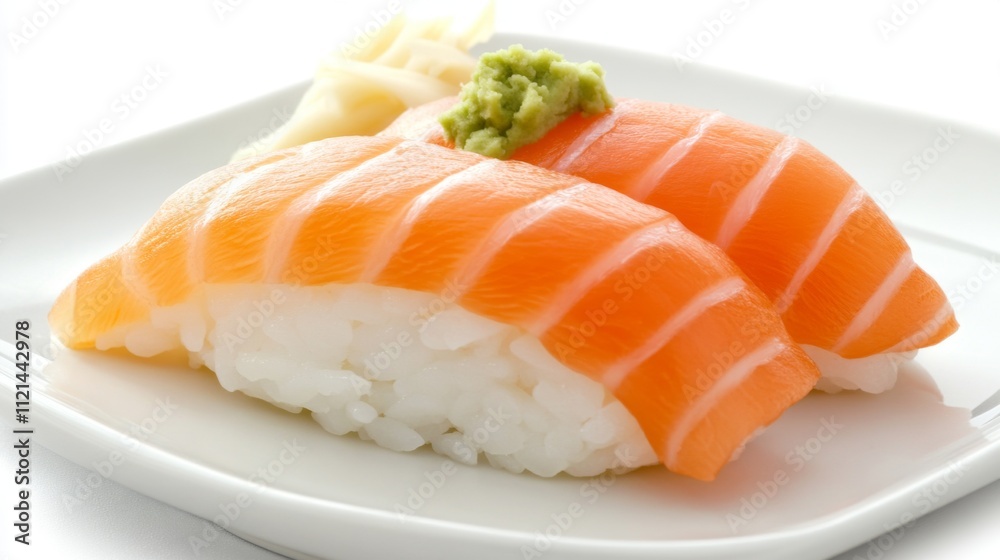 Fresh Salmon Sushi with Wasabi and Pickled Ginger on White Plate Fresh Salmon Sushi with Wasabi and Pickled Ginger on White Plate
