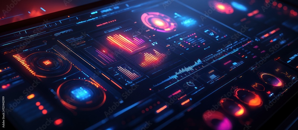 Obraz premium Futuristic digital interface with glowing red and blue elements.