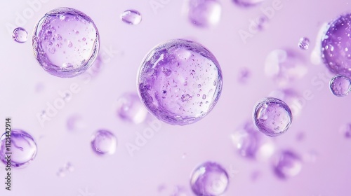 Abstract purple liquid spheres floating on a soft background.