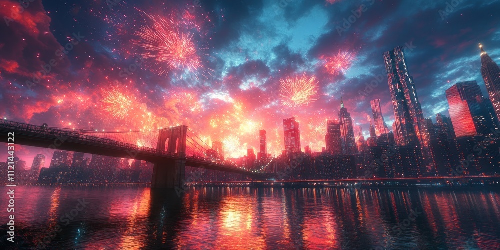 Fototapeta premium Grand Fireworks Over Modern Cityscape