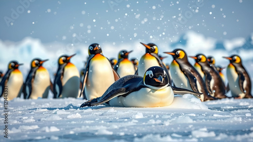 Playful Group Of Penguins Sliding On Ice In Antarctica