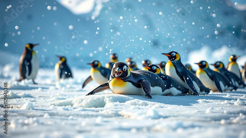 Playful Group Of Penguins Sliding On Ice In Antarctica