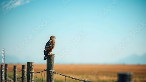 Beautiful Red-Tailed Hawk Perched On A Fence Post