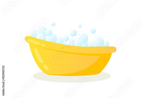 Baby bathtub with bubbles vector illustration. Baby hygiene clip art, baby care washing, foaming