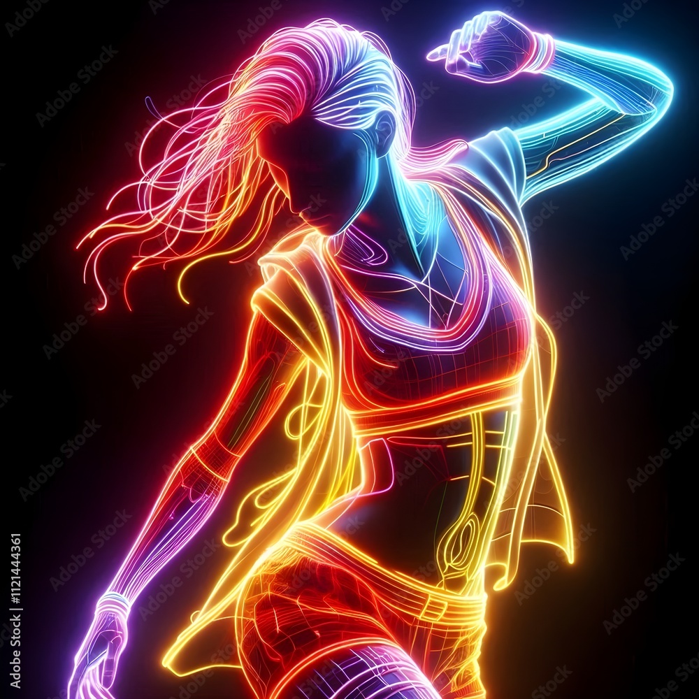 illustration of a hip-hop dancer in vibrant line style neon colors