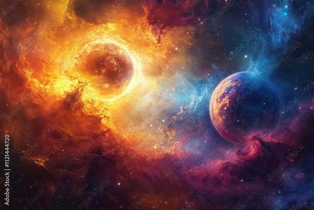 Two Planets in a Cosmic Nebula with Flames and Stars