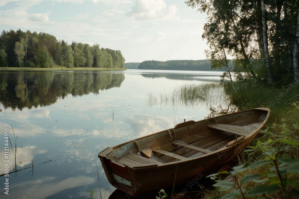A serene wooden boat rests along the tranquil lakeside amidst verdant forests, reflecting the peacefulness of a calm summer day. A serene wooden boat rests along the tranquil lakeside amidst verdant forests, reflecting the peacefulness of a calm summer day.