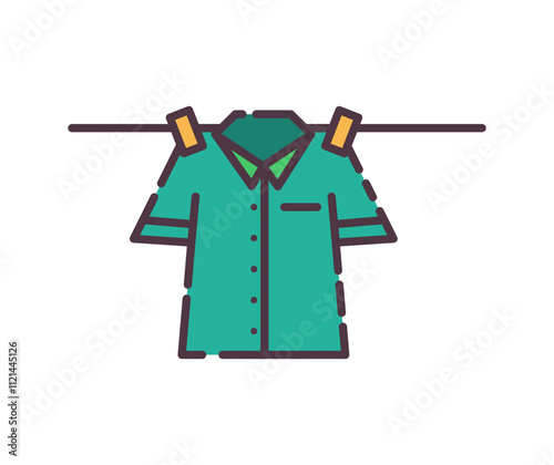 Drying clothes icon illustration. Flat line color icon of a simple illustration of a teal shirt hanging on a clothesline to dry. Clean, fresh, and ready to wear. Colored outline icon.