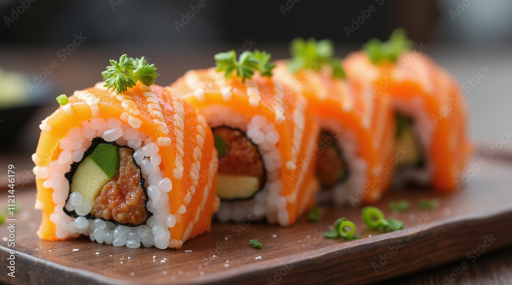Uramaki Sushi Roll with Salmon and Avocado, Japanese Raw Fish Cuisine Uramaki Sushi Roll with Salmon and Avocado, Japanese Raw Fish Cuisine