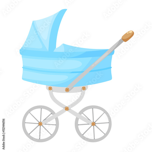 Blue baby stroller vector illustration. Perambulator, pram, pushchair, buggy, baby carriage clip art