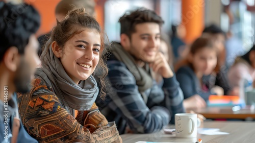 Young adults from various backgrounds participating in a language exchange program, practicing conversation skills in a modern language lab setting. 