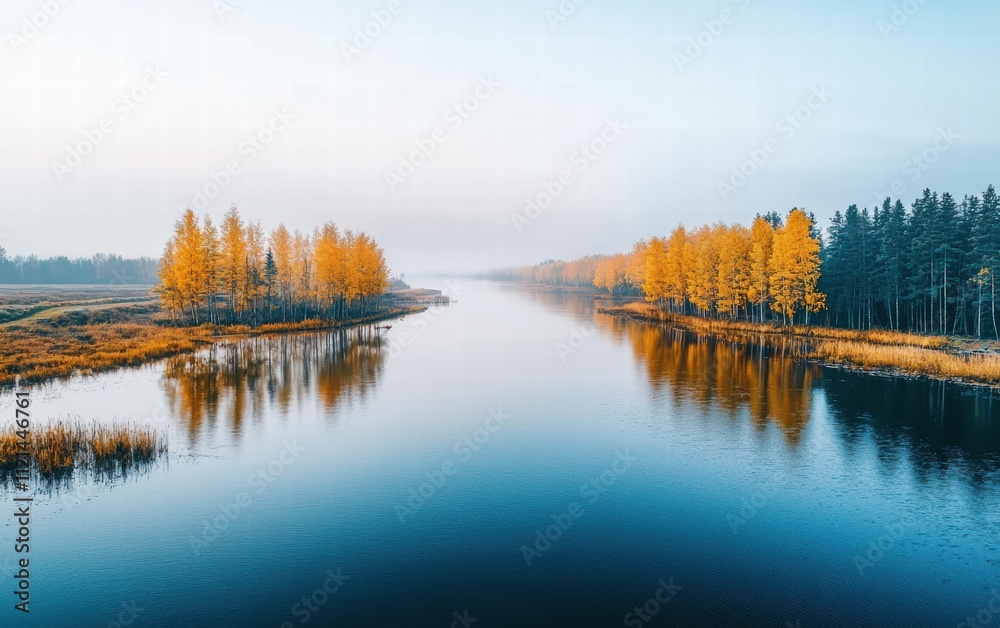 Serene Autumn Landscape with Golden Trees and Calm River Reflection Serene Autumn Landscape with Golden Trees and Calm River Reflection
