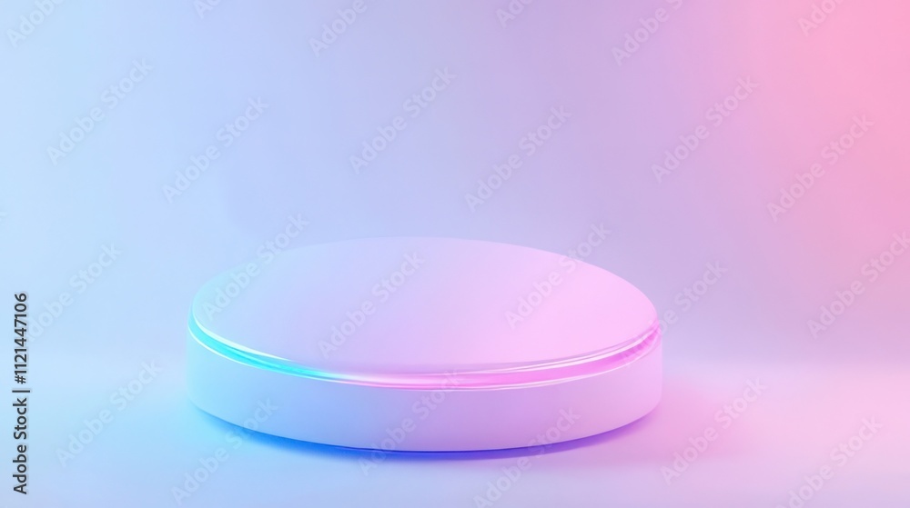 White round podium with vibrant neon light. White round podium with vibrant neon light.