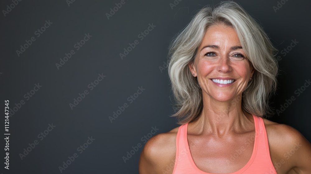 Senior fitness instructor smiling confidently in bright workout attire Senior fitness instructor smiling confidently in bright workout attire