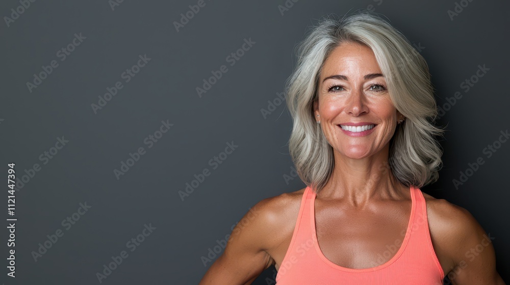 Smiling senior muscular female fitness instructor promoting healthy lifestyle in the studio Smiling senior muscular female fitness instructor promoting healthy lifestyle in the studio