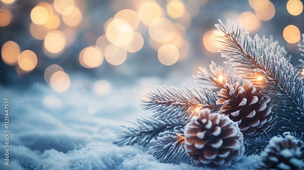 Frosted Pinecones and Evergreen Branches with Winter Lights. Perfect for holiday themes and seasonal designs. Frosted Pinecones and Evergreen Branches with Winter Lights. Perfect for holiday themes and seasonal designs.