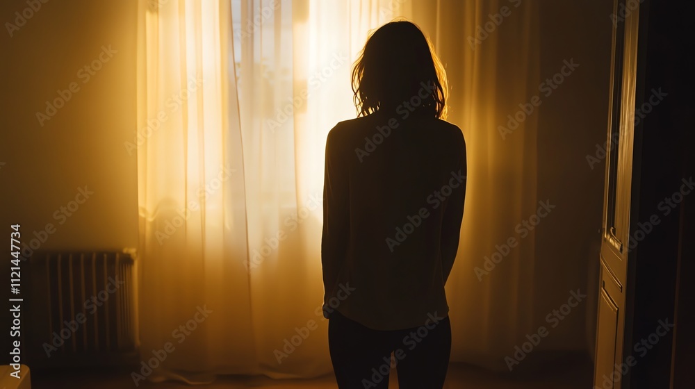 A woman stands by a window with her back to the camera, as the sun shines brightly through the curtains. A woman stands by a window with her back to the camera, as the sun shines brightly through the curtains.