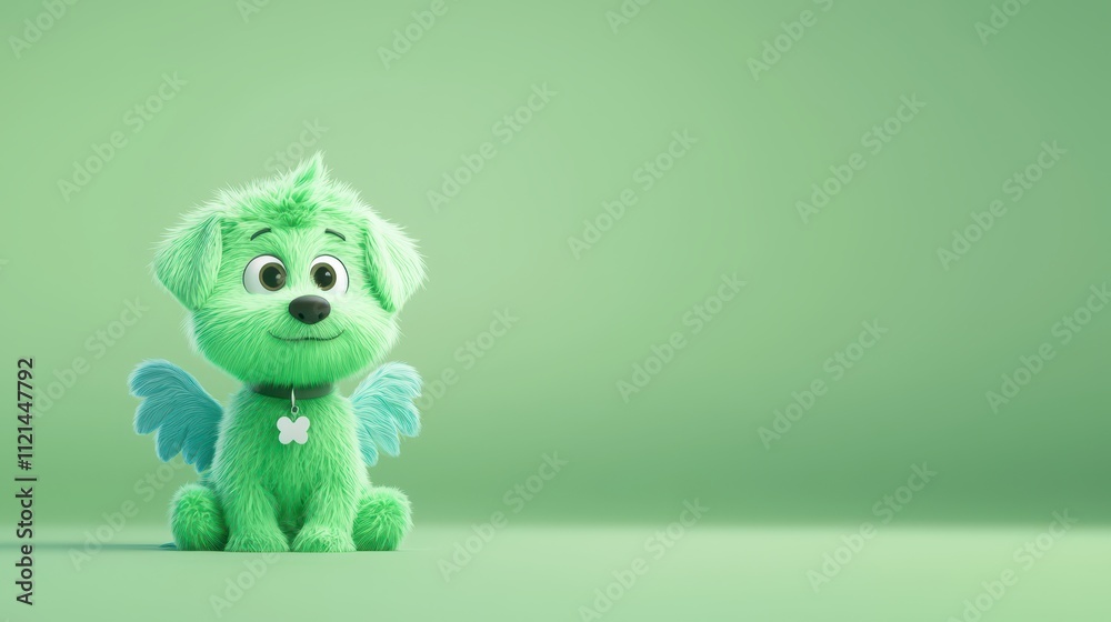 Cartoon green dog with angel wings sitting on a soft green background in a cheerful pose Cartoon green dog with angel wings sitting on a soft green background in a cheerful pose