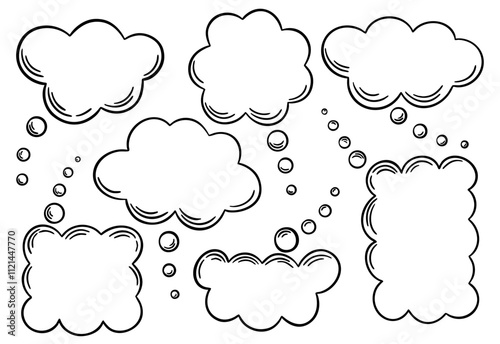 Set of thinking speech bubbles with outlines, isolated. Speak balloon text, cartoon chatting 