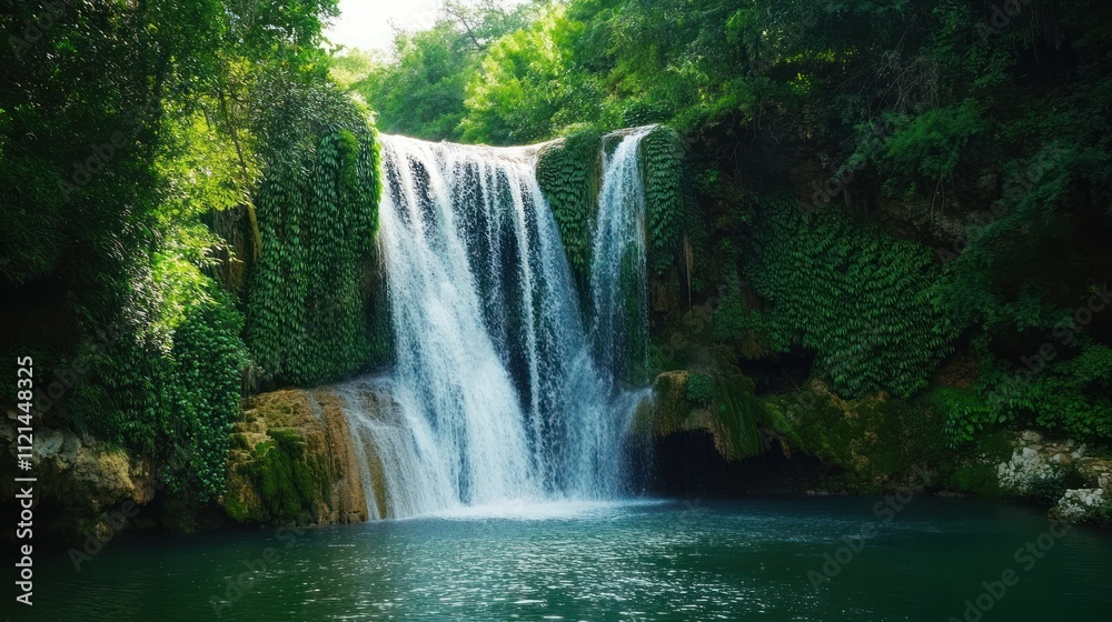 Fototapeta premium Serene Waterfall Cascading in Lush Green Forest