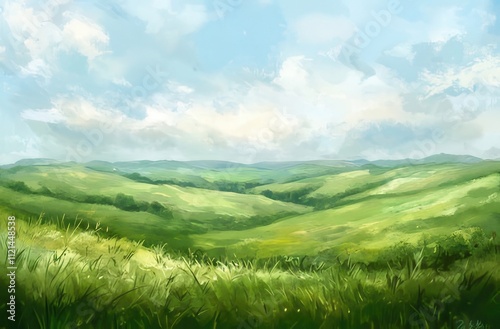 Serene rolling green hills under a bright sky.